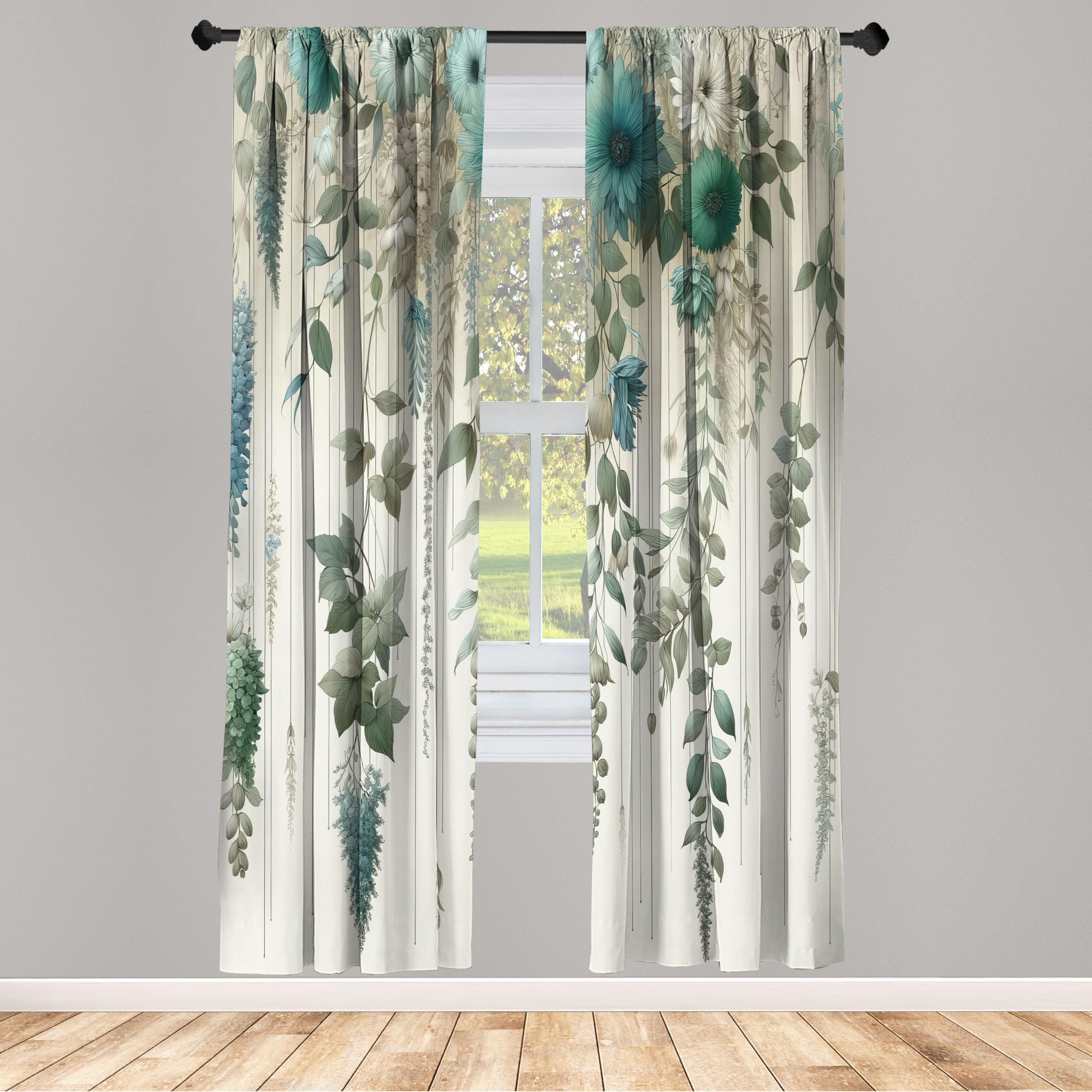 ABAKUHAUS Sage Green Window Curtains Pack of 2, Muted Colors Fantasy Forest Leaves and Wildflowers on Beige Tone Back, Lightweight Set & Rod Pocket, 4 Panels of - 28" x 84", Eggshell Grey Teal