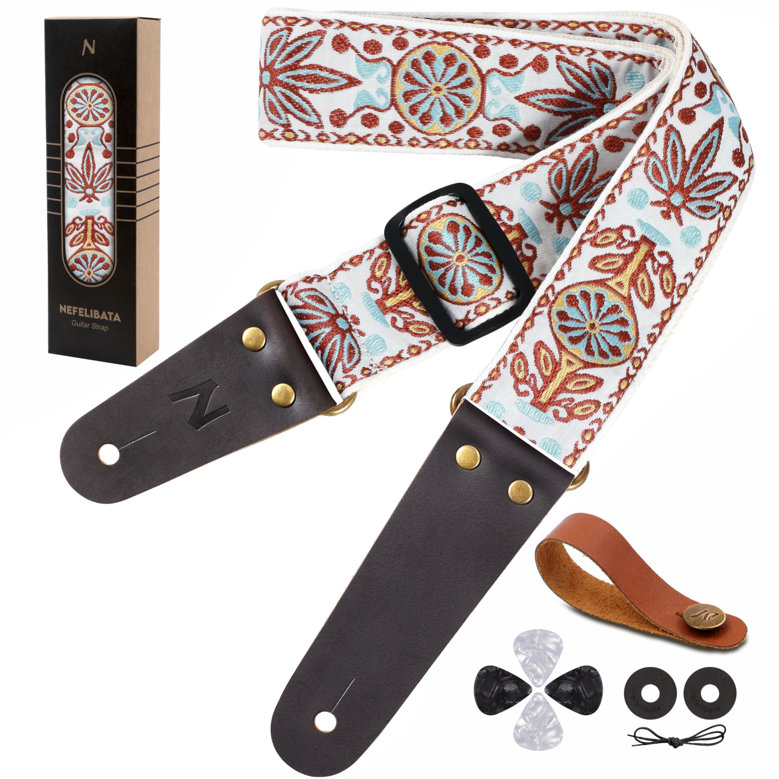 Nefelibata Guitar Strap - Vintage Embroidered Cotton Guitar Straps with Genuine Leather Ends for Bass, Electric & Acoustic Guitar, Best Gifts for Kids, Men & Women Guitarists (White Vintage Woven)
