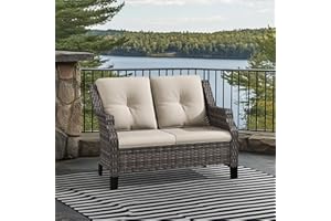 Gardenbee Patio Furniture Couch Outdoors, Rattan Wicker Loveseat with Deep Seating and Olefin Cushions, for Garden Porch Deck Balcony, Beige