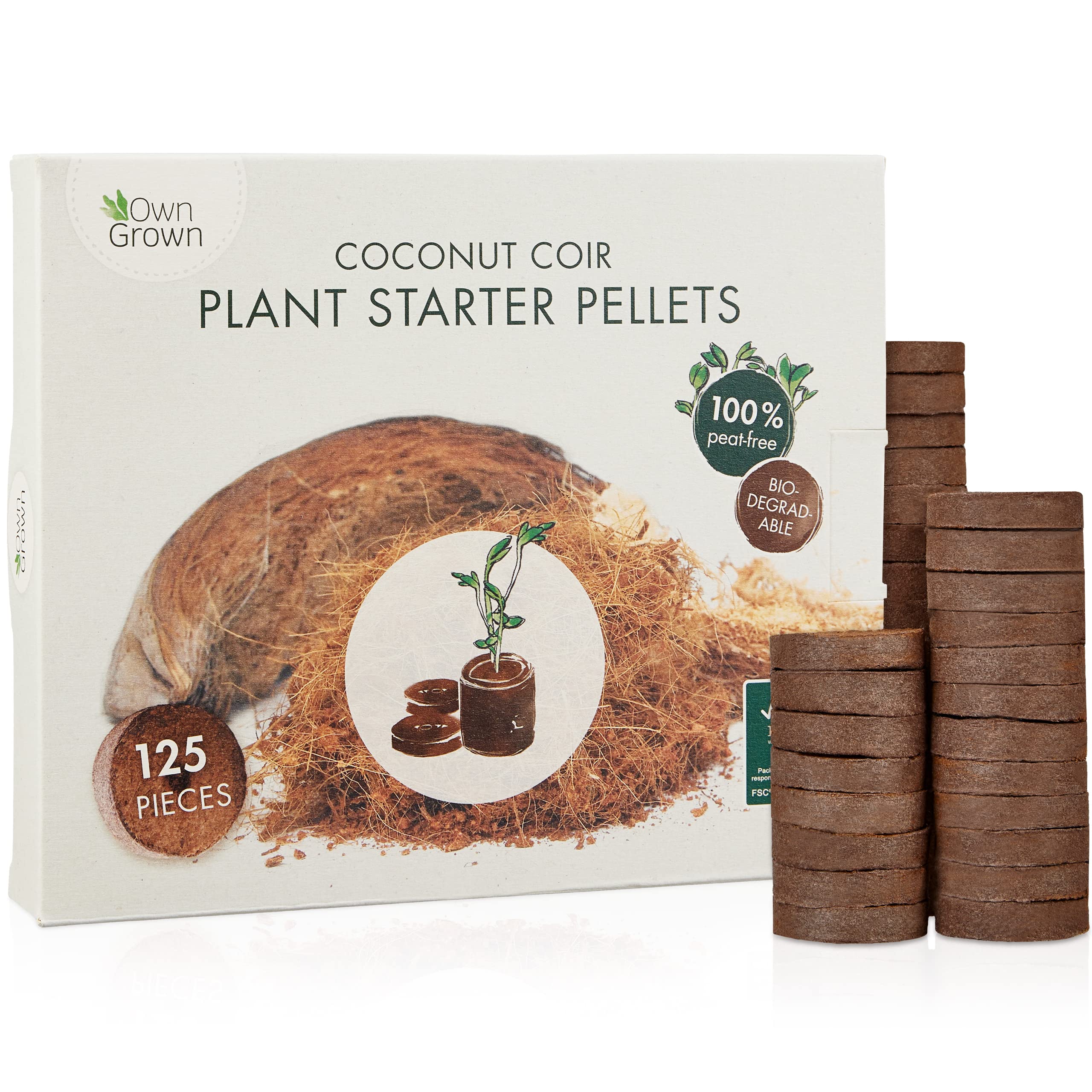 OwnGrown 125 Coco Coir Seed Compost Pellets - 3.4 cm Plant Starter Pods for Seedlings - Coconut Coir Plugs for Strong Root Growth - Ideal for Seed Germination, Gardening, and Indoor Planting
