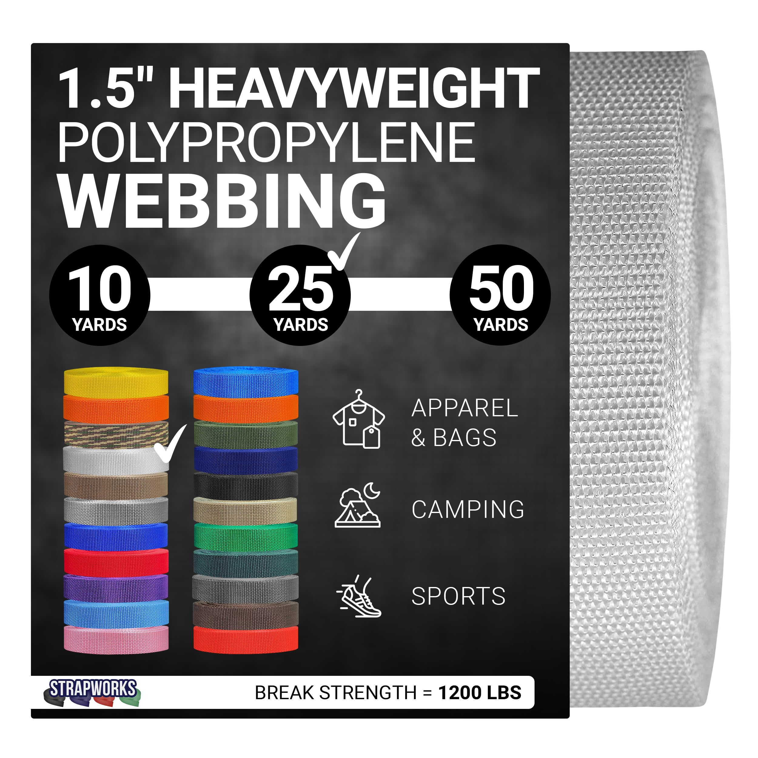 Strapworks Heavyweight Polypropylene Webbing - Heavy Duty Poly Strapping for Outdoor DIY Gear Repair, 1.5 Inch x 25 Yards, White