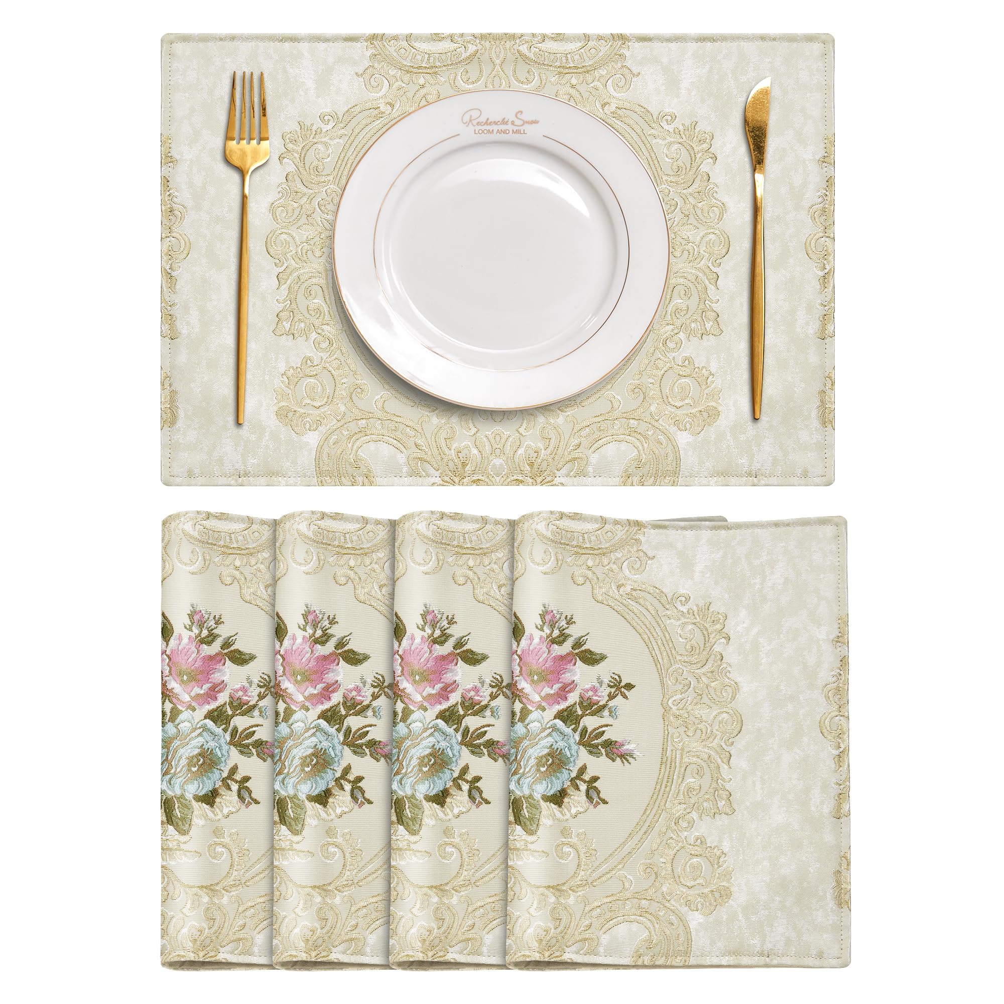 TOPLUXE Placemats 30x45cm, Floral Table Mats for Dining Room/Restaurant/Banquet/Festival Decoration (Set of 4, Beige)
