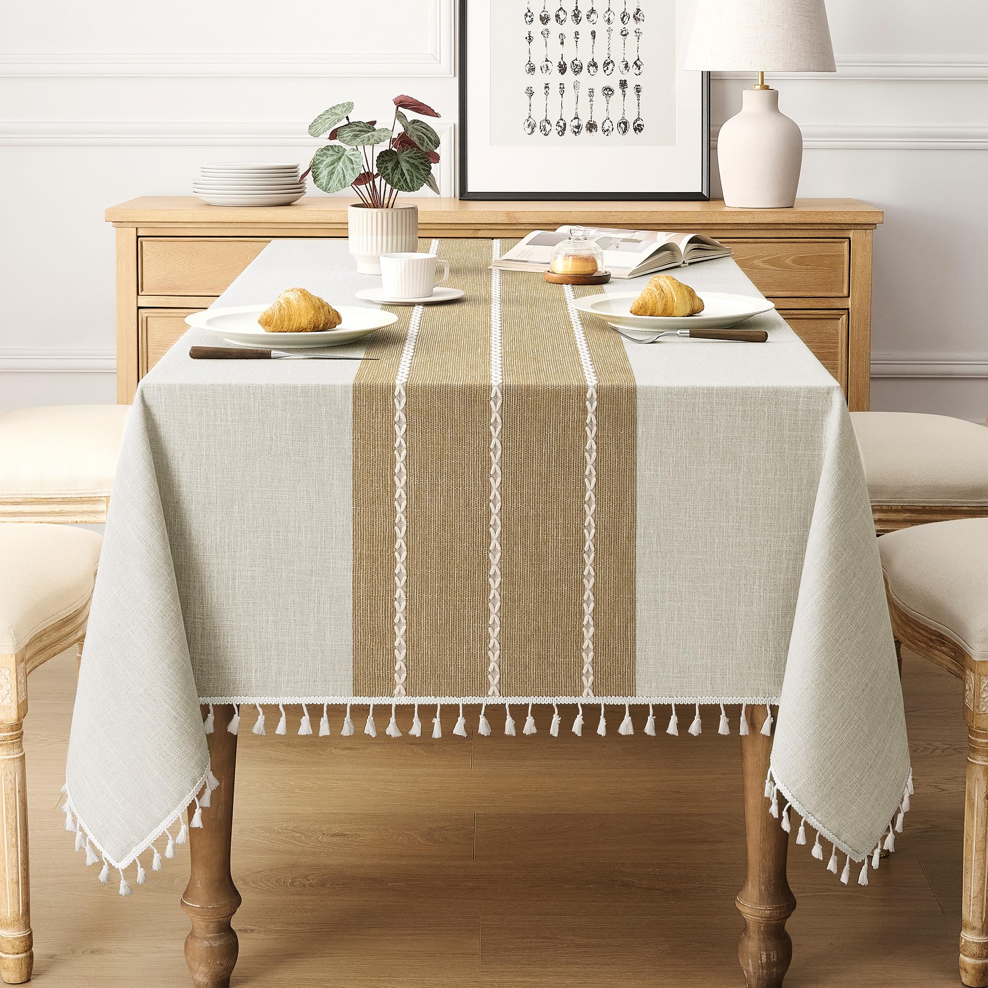 Photo 1 of puredown® Rustic Rectangle Tablecloth, Waterproof Cotton Linen Tablecloth with Tassel, Wrinkle Free Farmhouse Table Cloths for Kitchen Dining Outdoor, 55"x70",4-6 Seats, Coffee
