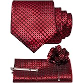 JEMYGINS Mens Solid Color Plaid Tie and Lapel Pin Necktie Pocket Square and Tie Clip with Sets for Business Casual 4PCS