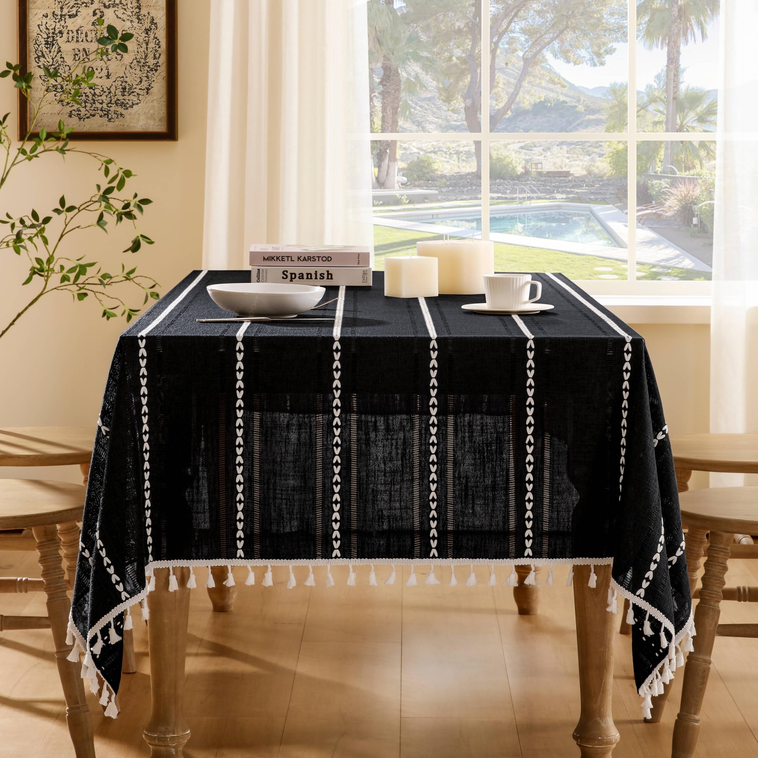 Photo 1 of ZeeMart Hemstitched Embroidery Striped Boho Tablecloth 54x54 Inch Black, Heavy Weight Farmhouse Burlap Linen Black Tablecloth, Wrinkle Resistant Washable Table Cloth for Square Table