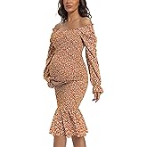 Maternity Spring Floral Midi Bodycon Dresses, Short Puff Sleeve Square Neck Ruffle Hem Mermaid Baby Shower Dress Orange S