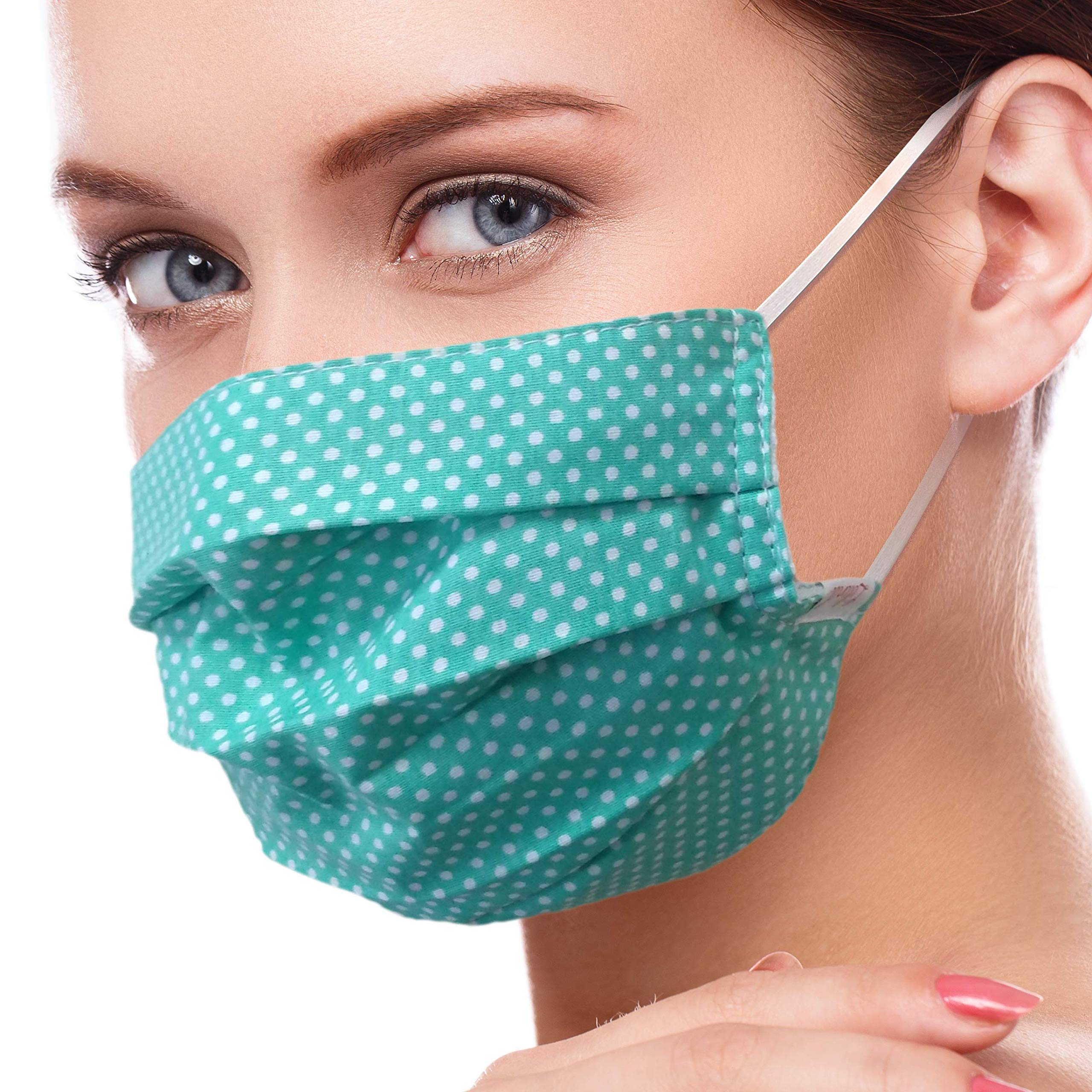 Lilind 2 Pack Face Masks, Comfortable Gift, Handmade in UK, Breathable Soft Cloth, Reusable and Washable Covering, 100% Cotton, 2x Green Dots