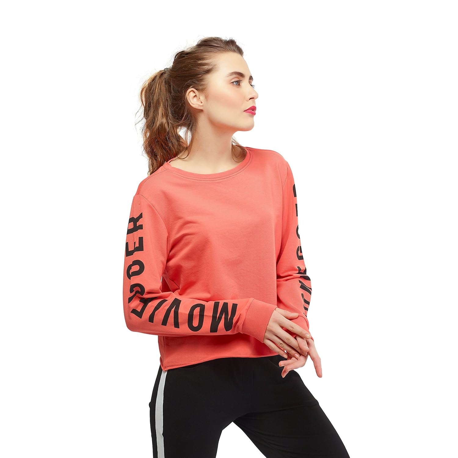 zeyo women cotton peach crop top full sleeve round neck solid plaintees