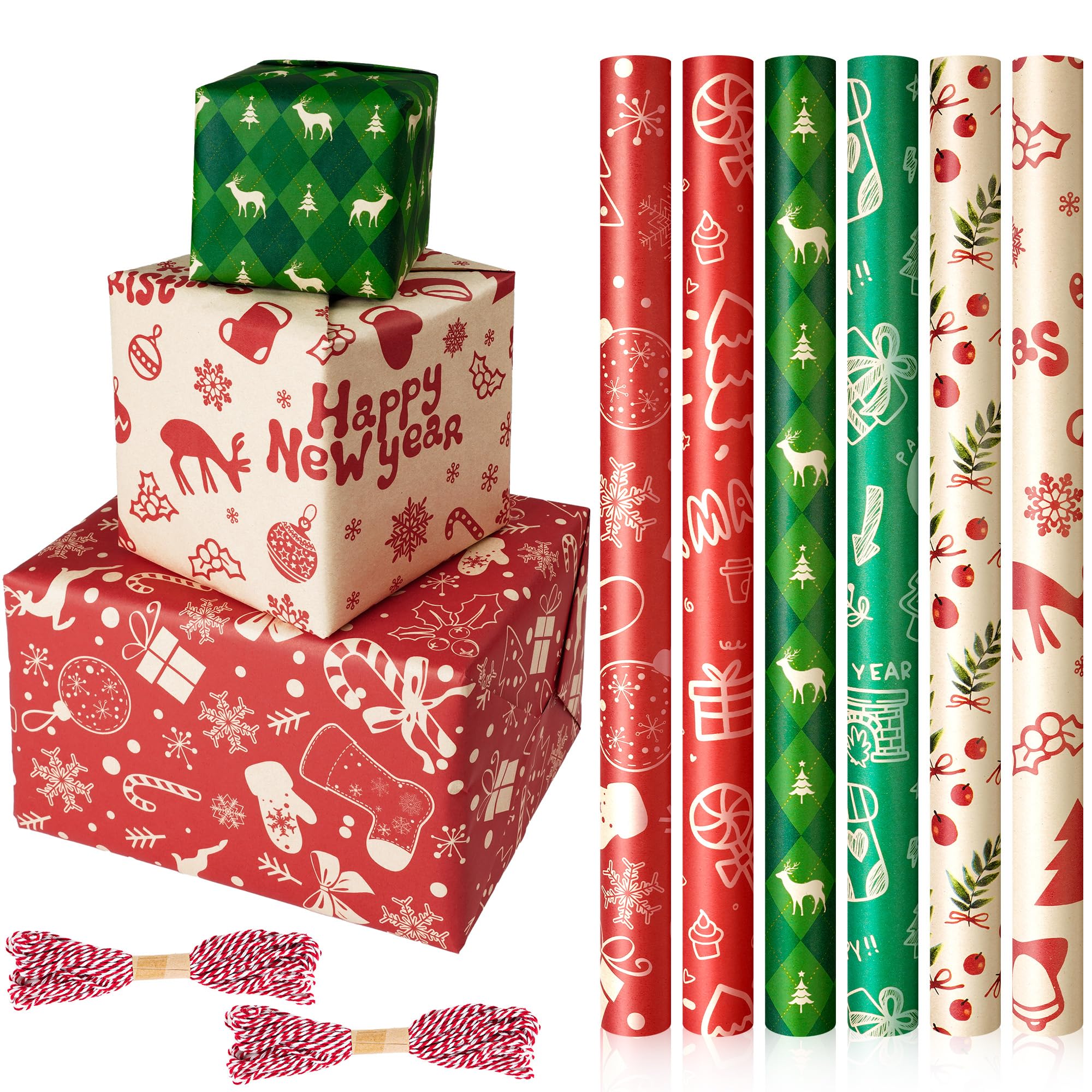 BOENFU 6 Roll Christmas Wrapping Paper - 43CM x 300CM per Roll, Gift Wrapping Paper with 2 x 10M Ropes - Full Recyclable Gift Wrap - 6 Patterns - For Christmas New Year Gift Wrapping