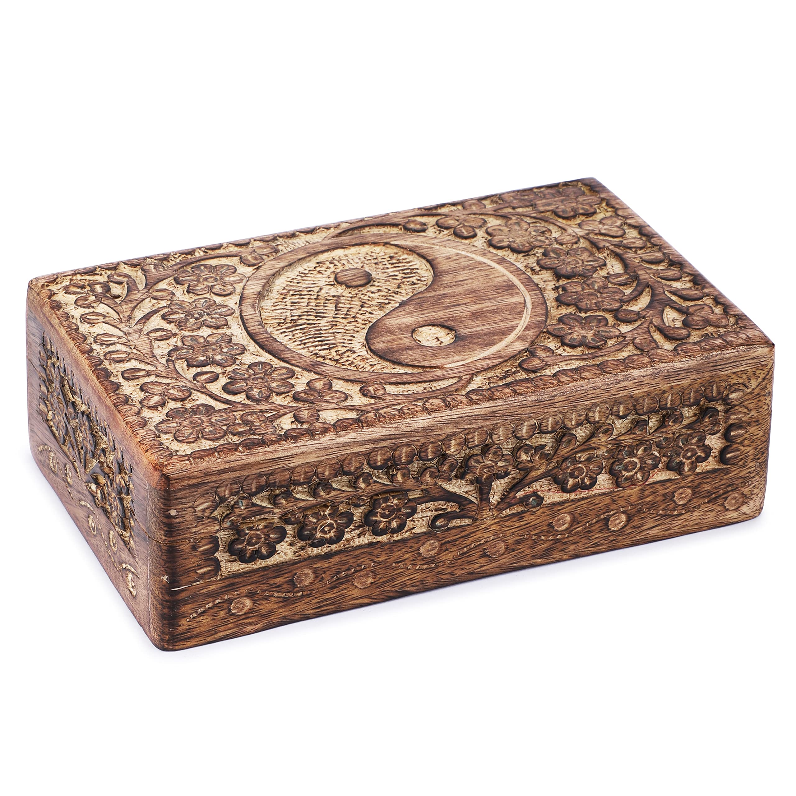 Ajuny Wooden Hand Carved Decorative Jewelry Box Tai Chi Carvings Vintage Keepsake Storage Organizer Travel Treasure Chest Trinket Holder Case Great Gifts 8x5 Inch