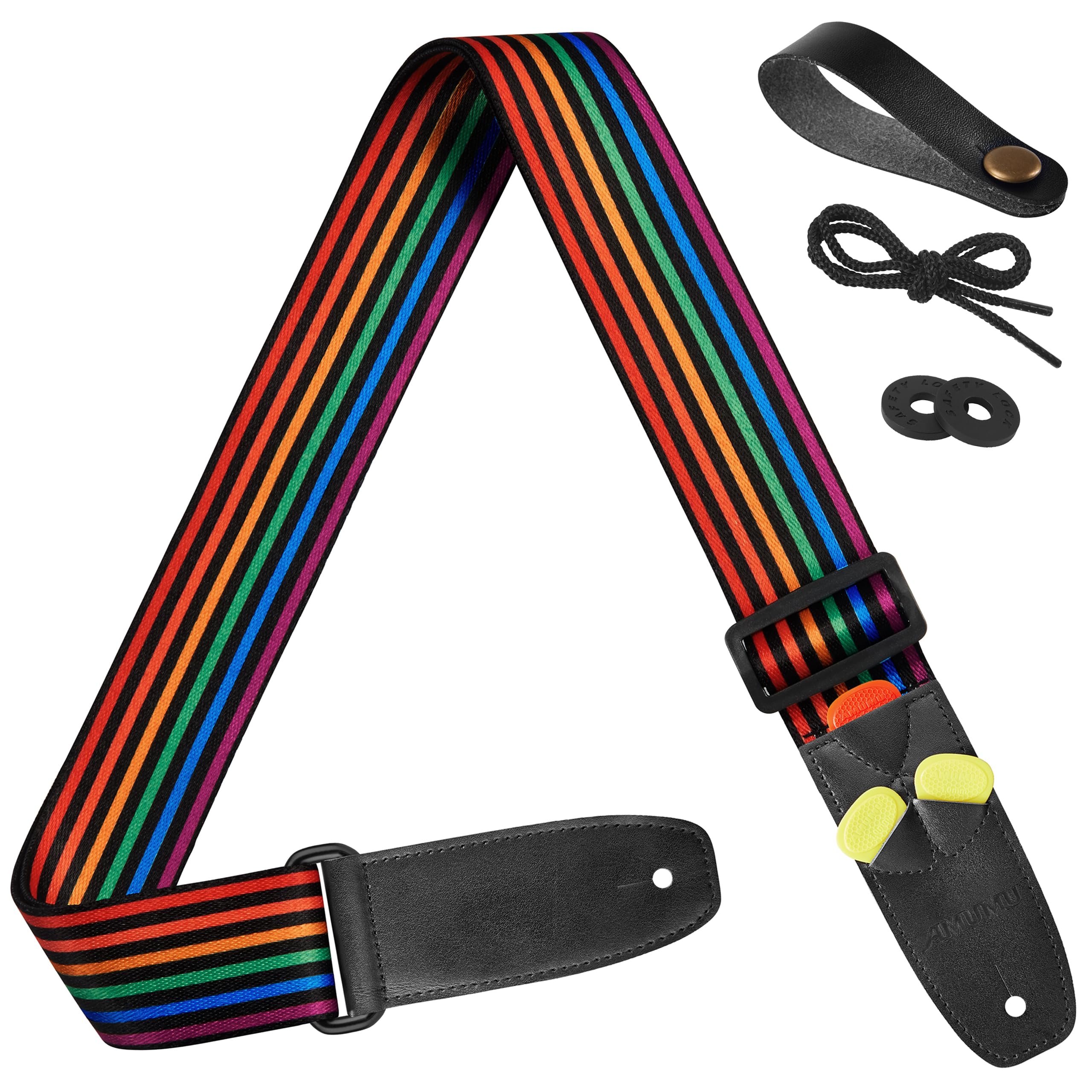 Amumu Guitar Strap Rainbow Stripe Polyester Cotton for Acoustic, Electric and Bass Guitars with Strap Blocks & Headstock Strap Tie, Rainbow Stripe, 5