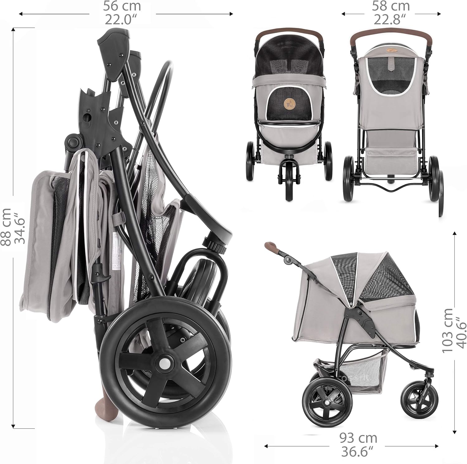 Hauck TOGfit Pet Roadster - Luxury Pet Stroller for Puppy, Senior Dog or Cat | Easy Foldable Three Wheels Travel Pet Jogger max. Loading 70 lb, Mattress Included - Gray : Pet Supplies