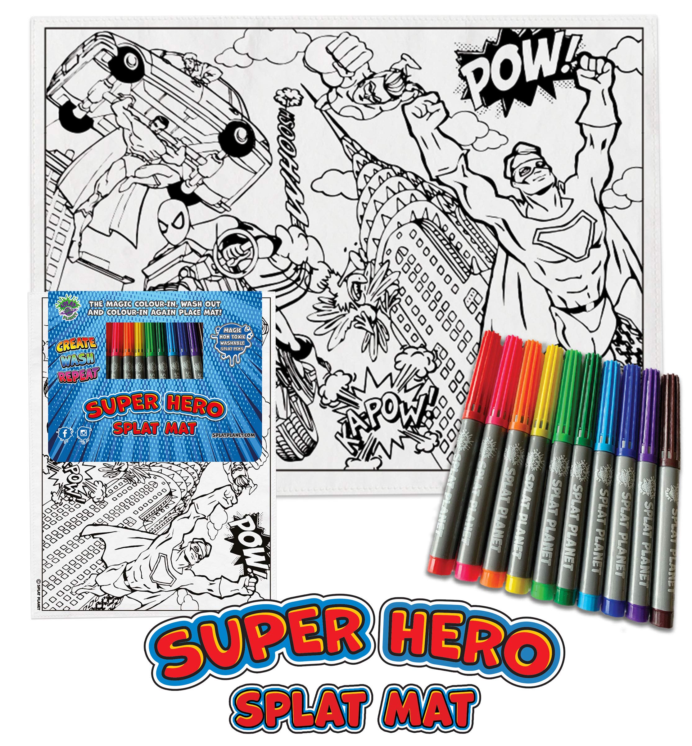 Splat planet Colour in Superhero cotton Toddler placemat with 10 non-toxic washable magic pens - Colour in and wash out place mat