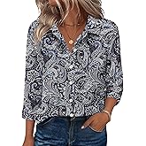 Zeagoo Button Down Shirts for Women 3/4 Sleeve Tops V Neck Collared Blouses Business Casual Outfits S-2XL