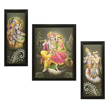Indianara Synthetic Wood Radha Krishna Painting without Glass, 5.2x12.5, 9.5x12.5, 5.2x12.5-inch(Multicolour, 1008) - Set of 3