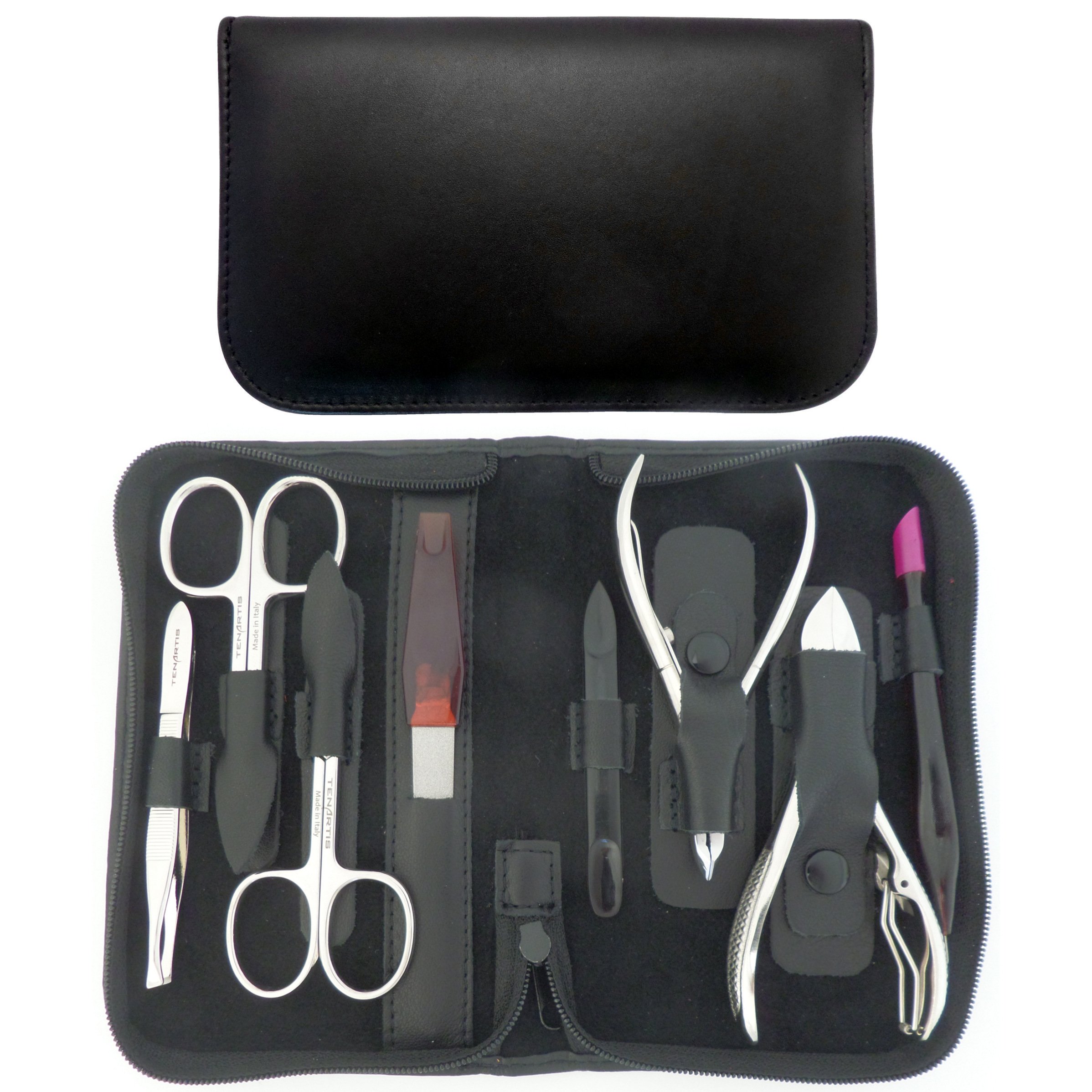 8-Piece Genuine Leather Professional Manicure and Pedicure Set with Zipper - Tenartis Made in Italy (Black)