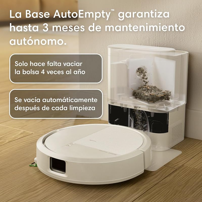 Roomba 115 Combo con Base AutoEmpty, Robot 2en1, Potencia de succión 15000 Pascales, Cepillo Lateral Flexible, Mopa de fregado extendida, 90 días autonomía, Navegación Clearview LiDAR, Blanco