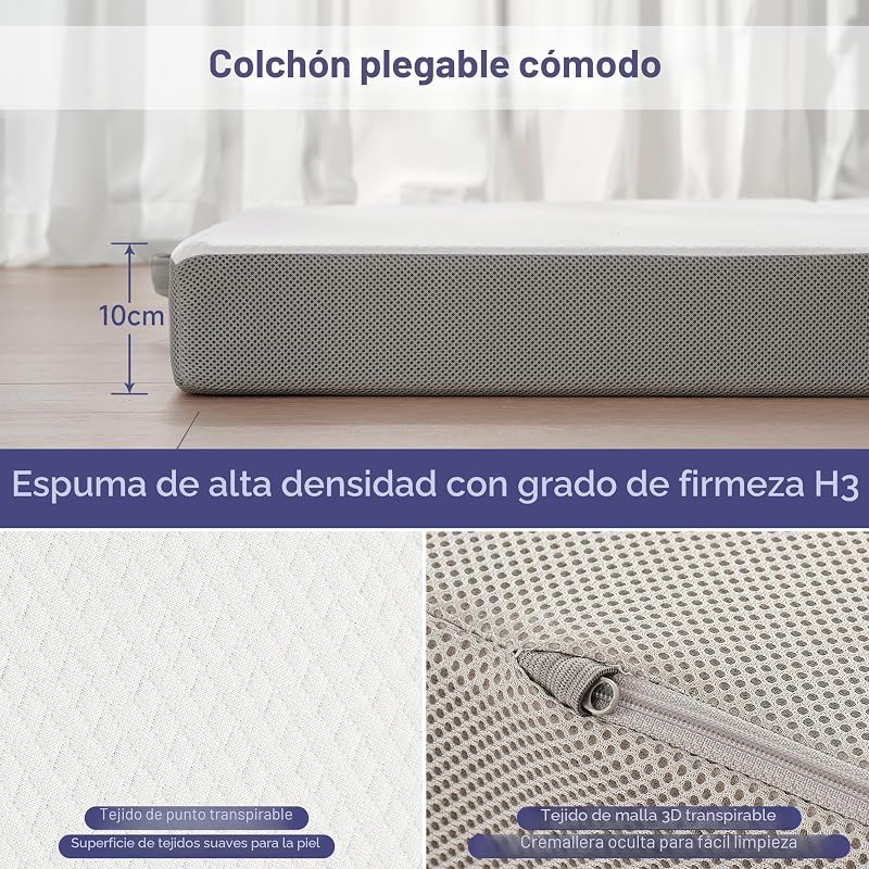- Colchão dobrável, colchão de chão, colchão dobrável em 3 peças, espuma extra espessa, esponja de alta densidade com dureza H3, Oeko Tex Standard, 90 x 195 x 10 cm