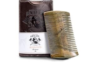 Sandalwood Beard Comb for Men - Handmade Premium Wooden Beard & Mustache Comb - Fine & Wide Tooth - Travel Pocket Size - Beard Grooming Kit for Men in PU Leather Case by Hunter Jack