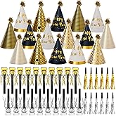 JOYEONDEF 48 Pcs Happy New Year 2026 Party Hats – Gold NYE Cone Hats, Horns & Whistles Set for Adults & Kids, Black Gold New Year’s Eve Party Supplies Decorations