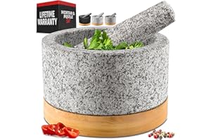 Heavy Duty Mortar and Pestle Set with Bamboo Base, Large 2 Cups, 100% Natural Granite Mortar and Pestle Large Stone Grinder B