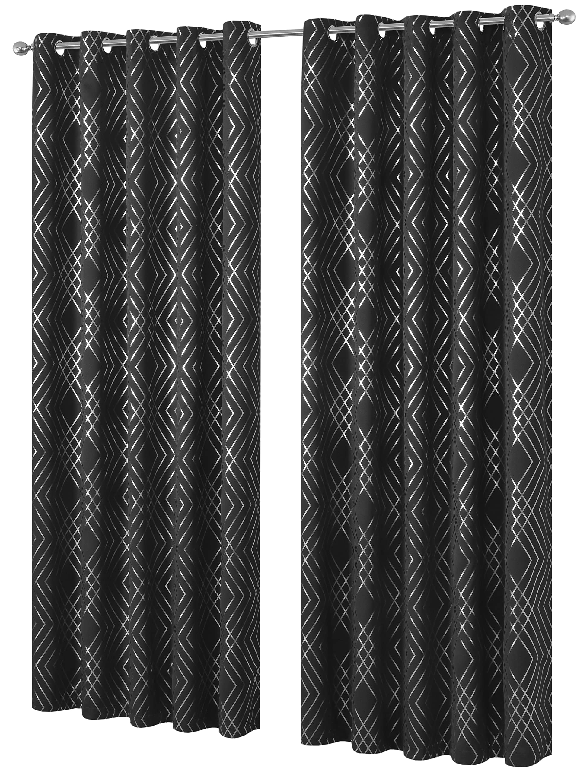 Olivia Rocco Geo Blackout Eyelet Curtains Metallic Printed Thermal Insulated Ring Top Black Out Curtain Pair Room Darkening Window Treatment For Living And Bedroom, Black 55 x 54