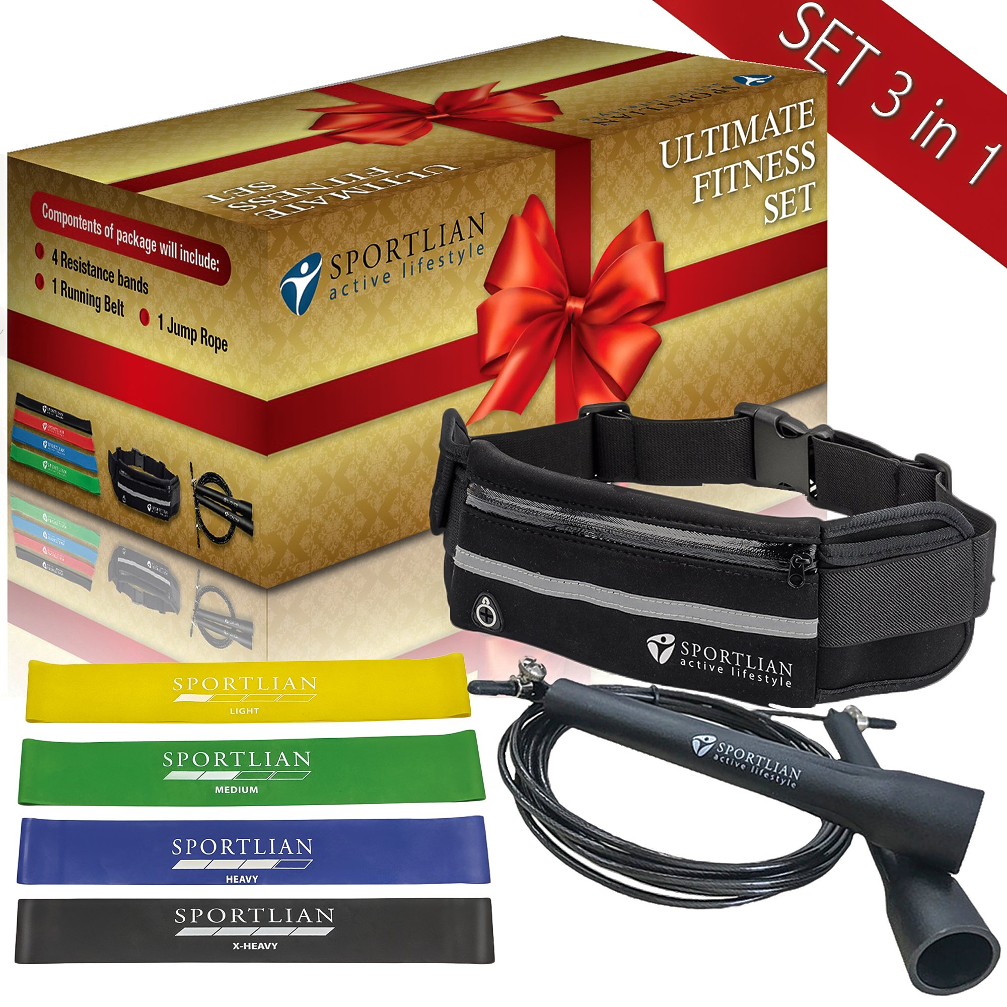 Sportlian Running Belt - Jump Rope - Resistance Bands - Set 3 in 1 for Men Women (Black)