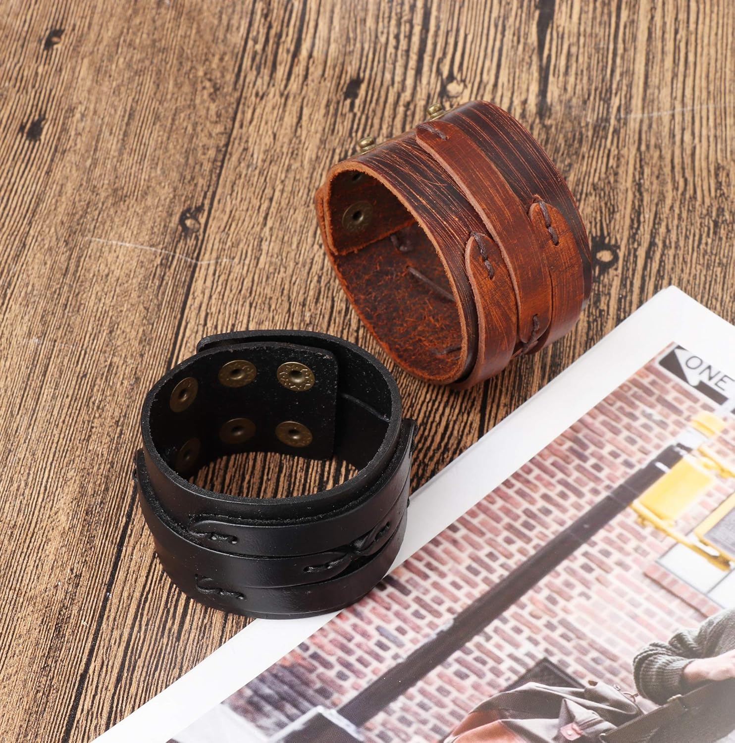 FINREZIO 3 Pcs Leather Cuff Bracelets for Men Women Punk Rock Braided Bracelet Warp Brown Black Wristbands Handmade Jewelry: Jewelry