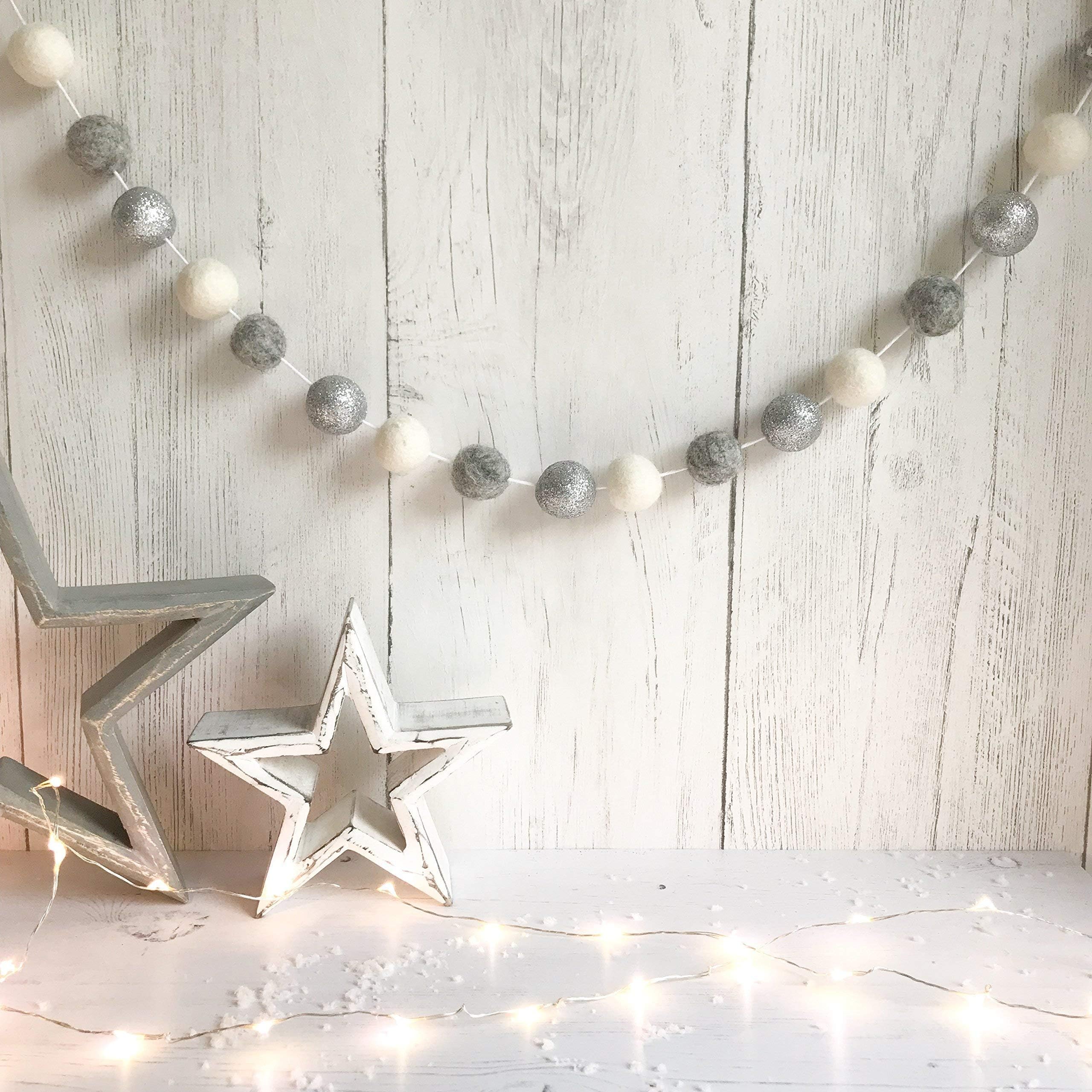 Felt Ball Pom Pom Garland, Christmas Decor, Nursery Decor, Home Decor, From Stone And Co In Winter White, Grey, White And Silver.
