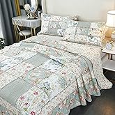 Brandream Queen Size Patchwork Quilts Cotton Green Country Floral Quilted Comforter Set Lightweight Coverlet Set