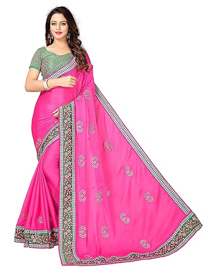 Womens Satin Chiffon Saree (rjv-157pink_Pink)