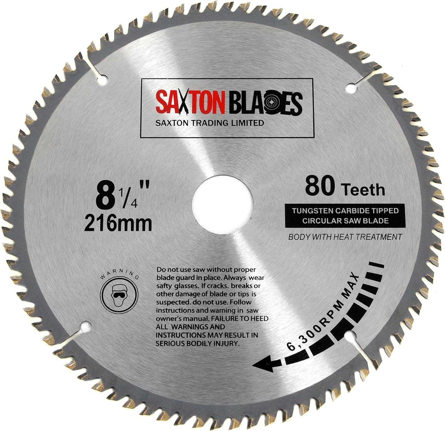TCT21680T Saxton TCT Circular Wood Saw Blade 216mm x 30mm Bore x 80T for Bosch Makita Dewalt, Silver