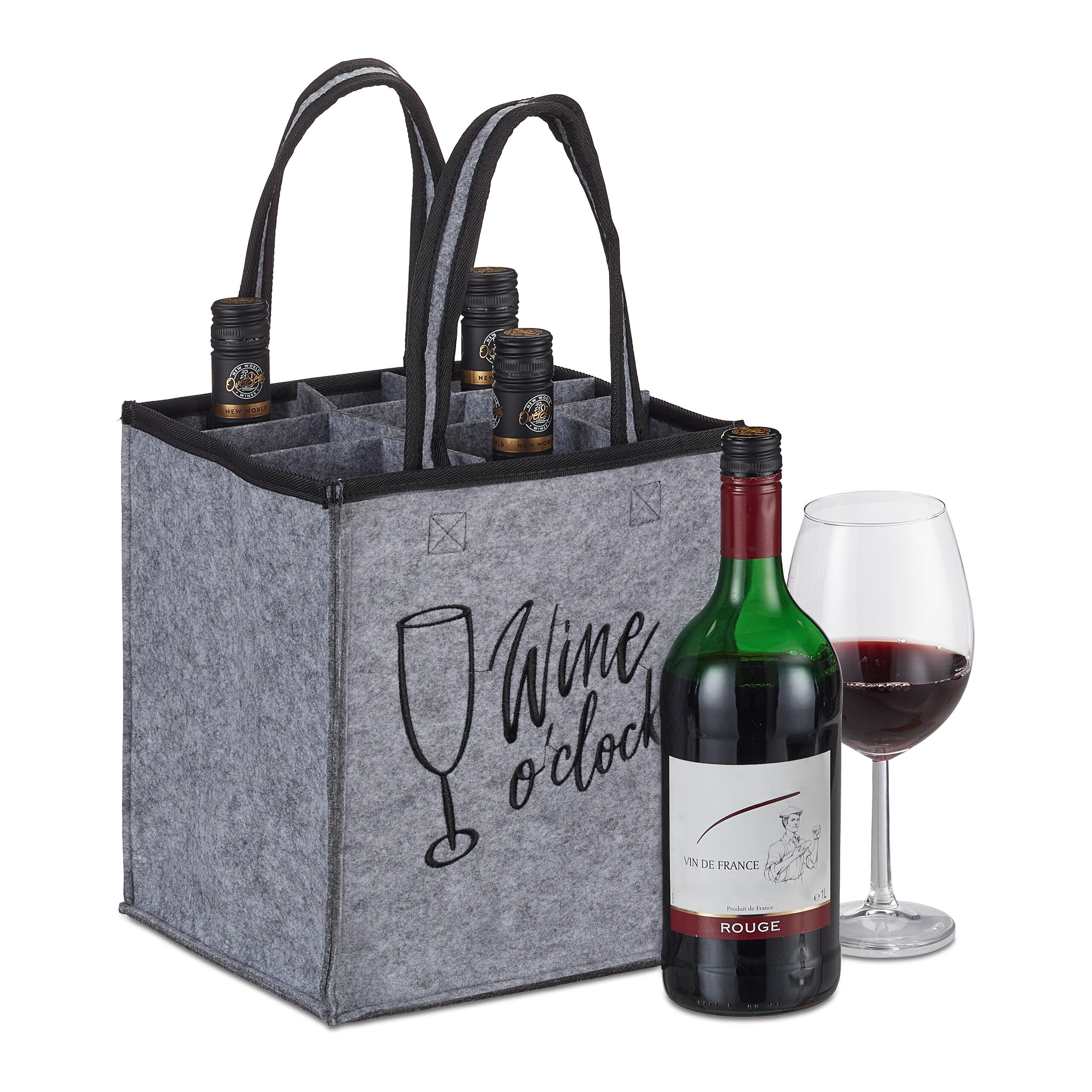 Relaxdays Bottle Carrier, 9 Glasses, Wine, Beer, Collect, Empty Drinks, HxWxD 45x24x24 cm, Felt Tote, Grey, 45 x 24 x 24 cm