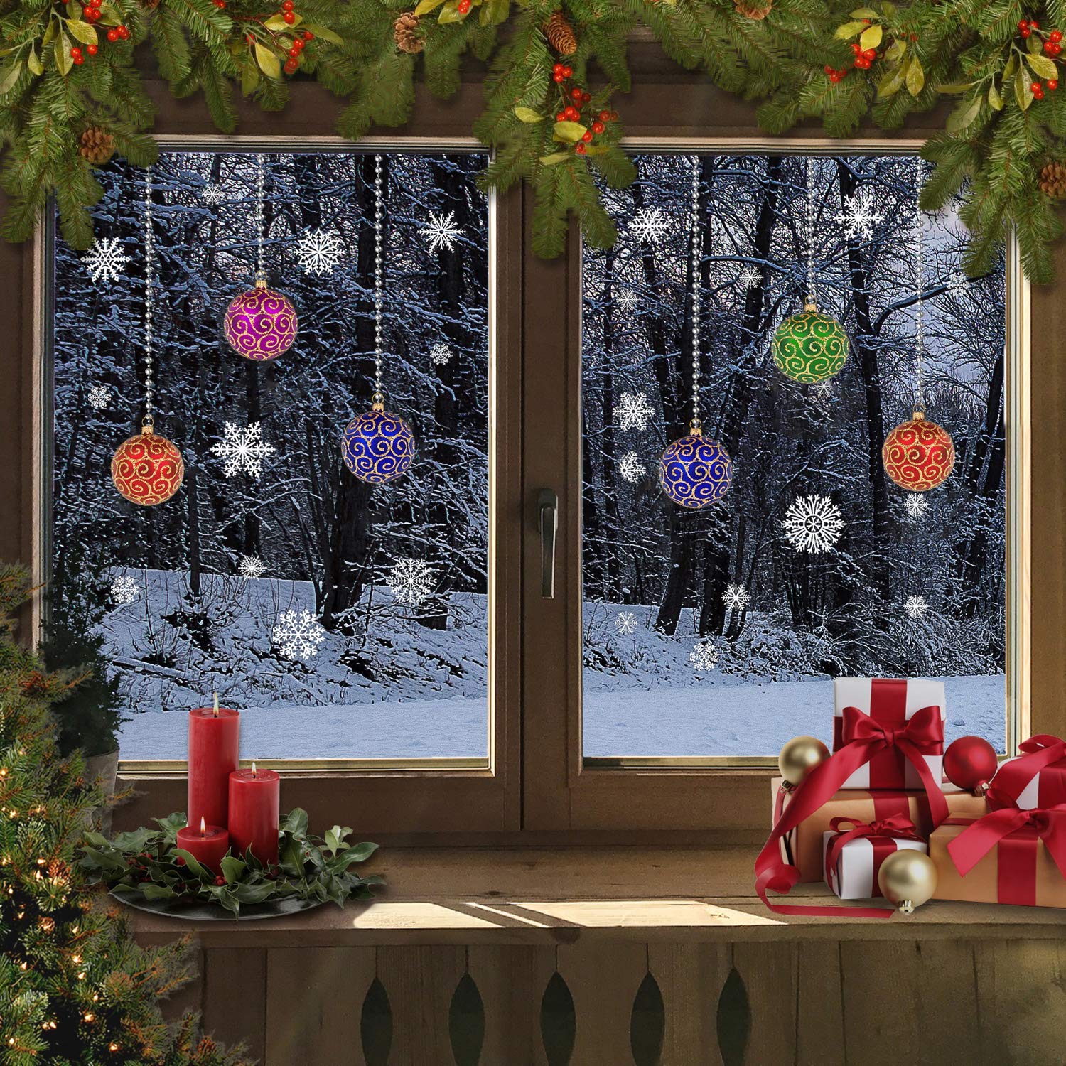 Pack of 2 Christmas Stained Glass Bauble Candle Arch Snowflake Window Stickers Cling (Bauble Multi)