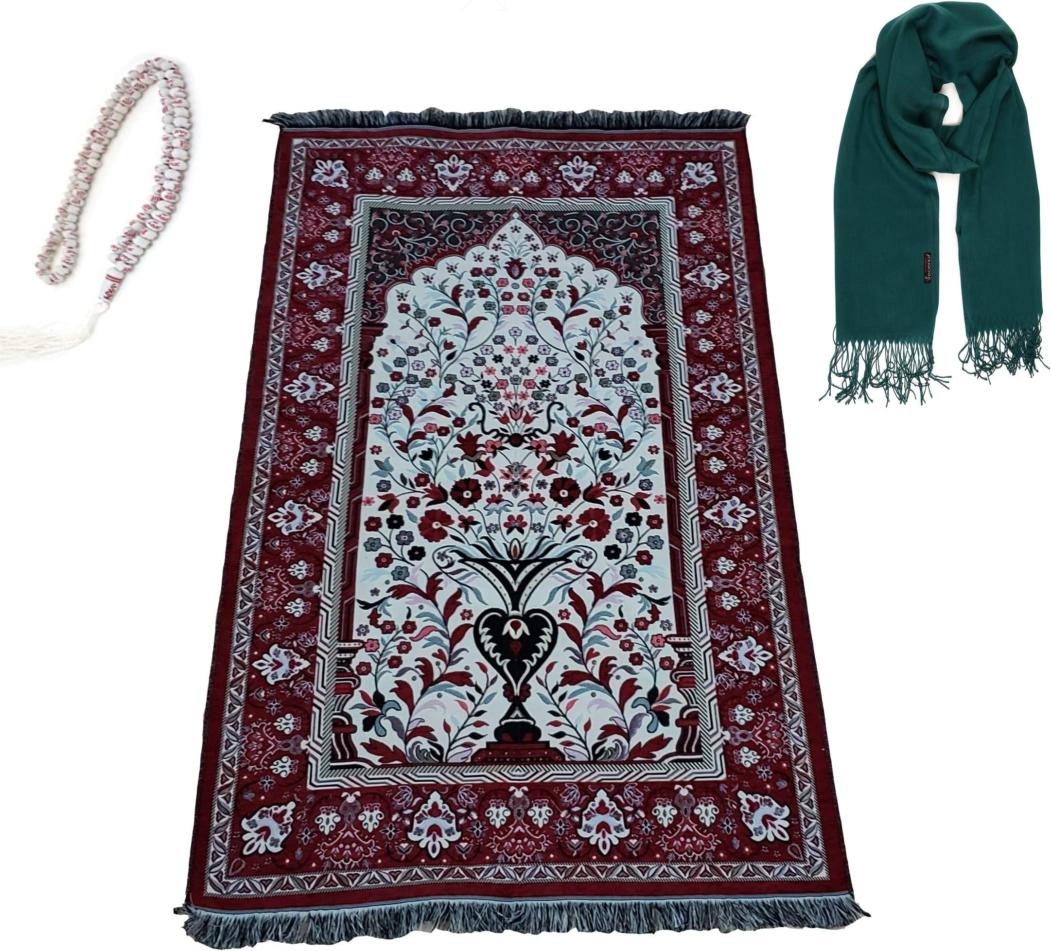 GURJHONS Turkish Prayer Rug with Pashmina Shawl Wrap Scarf and 99 Beads Muhammad Allah TASBIH, Zikir, Haj, Tasbeeh, Subha, Misbaha Beads (HALE) (RED)