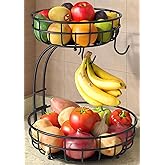 Sevenblue 2 Tier Large Fruit Basket for Kitchen Counter with Removable Banana Hanger - Sturdy Iron Fruit Bowl for Kitchen Counter and Vegetable Holder, Fruit Holder for Kitchen Countertop, Black