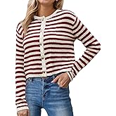 Zegetio Womens Striped Cardigan Sweaters Button up Long Sleeve Fall Outfits Knit Sweater Cropped Cardigans Casual Jacket Coat