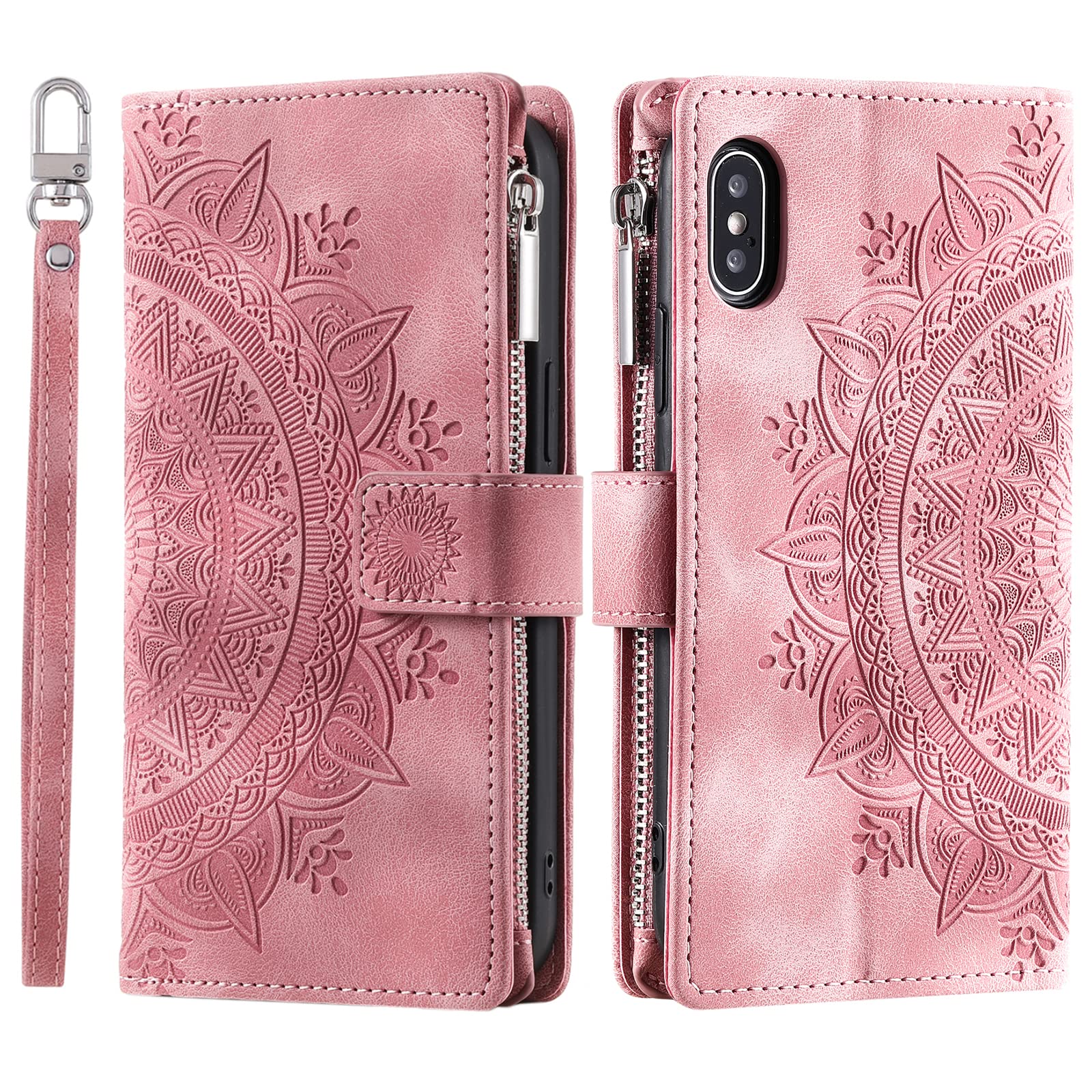 VEEMOS Wallet Case for iPhone XS MAX Flower Flip Case Protective Leather Folio Book Phone Cover with Card Slots Kickstand Zipper Pocket - Pink