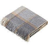 Moon Wool Plaid Throw Blanket, Merino Lambswool, Block Windowpane Beige Grey, Made in UK
