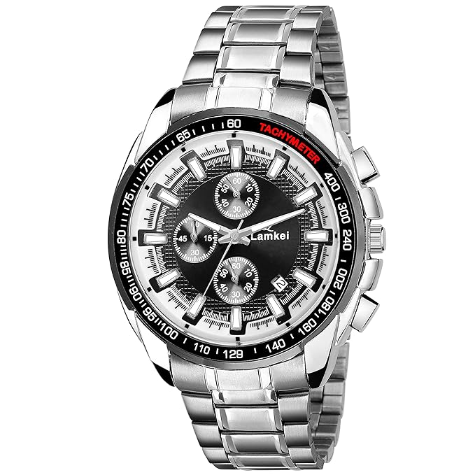 Lamkei Premium Imported Working Chronograph Display Black Dial Silver Stainless Steel Chain Men�s Watch � LMK-0083