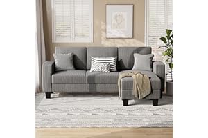 VICTONE Sectional Sofa Couch, 3 seat L-Shaped Small Sofa with Movable Ottoman Couch for Small Apartments, Living Rooms and Offices (Corduroy, Grey)