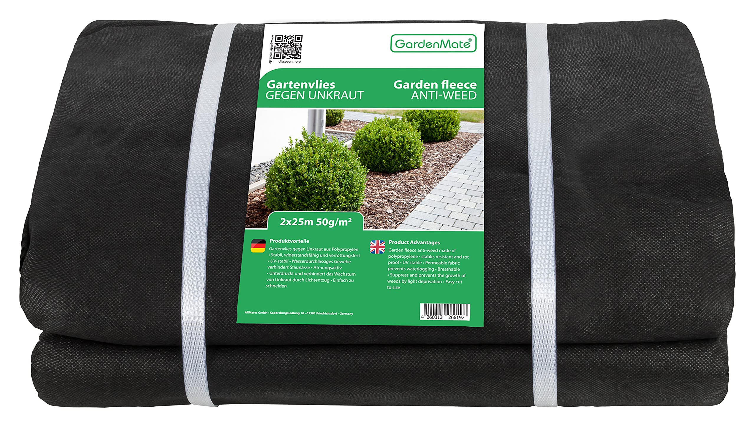 GardenMate 2m x 25m sheet non-woven 50g/m² weed control fabric - Tear-resistant - High UV stabilisation - Water permable