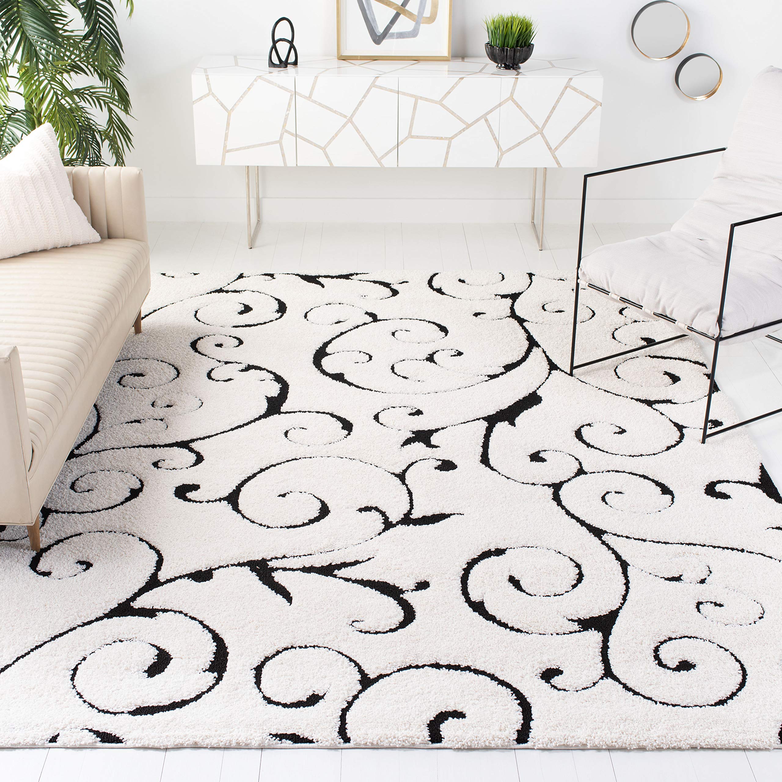 SAFAVIEH Florida Shag Collection Area Rug - 8' x 10', Ivory & Black, Scroll Design, Non-Shedding & Easy Care, 1.2-inch Thick Ideal for High Traffic Areas in Living Room, Bedroom (SG455-1290) Image SAFAVIEH Florida Shag Collection Area Rug - 8' x 10', Ivory & Black, Scroll Design, Non-Shedding & Easy Care, 1.2-inch Thick Ideal for High Traffic Areas in Living Room, Bedroom (SG455-1290) Image
