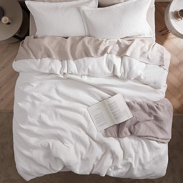 BEDSURE COTTON DUVET COVER KING – 100% COTTON WAFFLE WEAVE COCONUT WHITE DUVET COVER KING SIZE, GENTLESOFT™ AND BREATHABLE BEDDING SET FOR ALL SEASON, 3 PIECES, 104″X90″