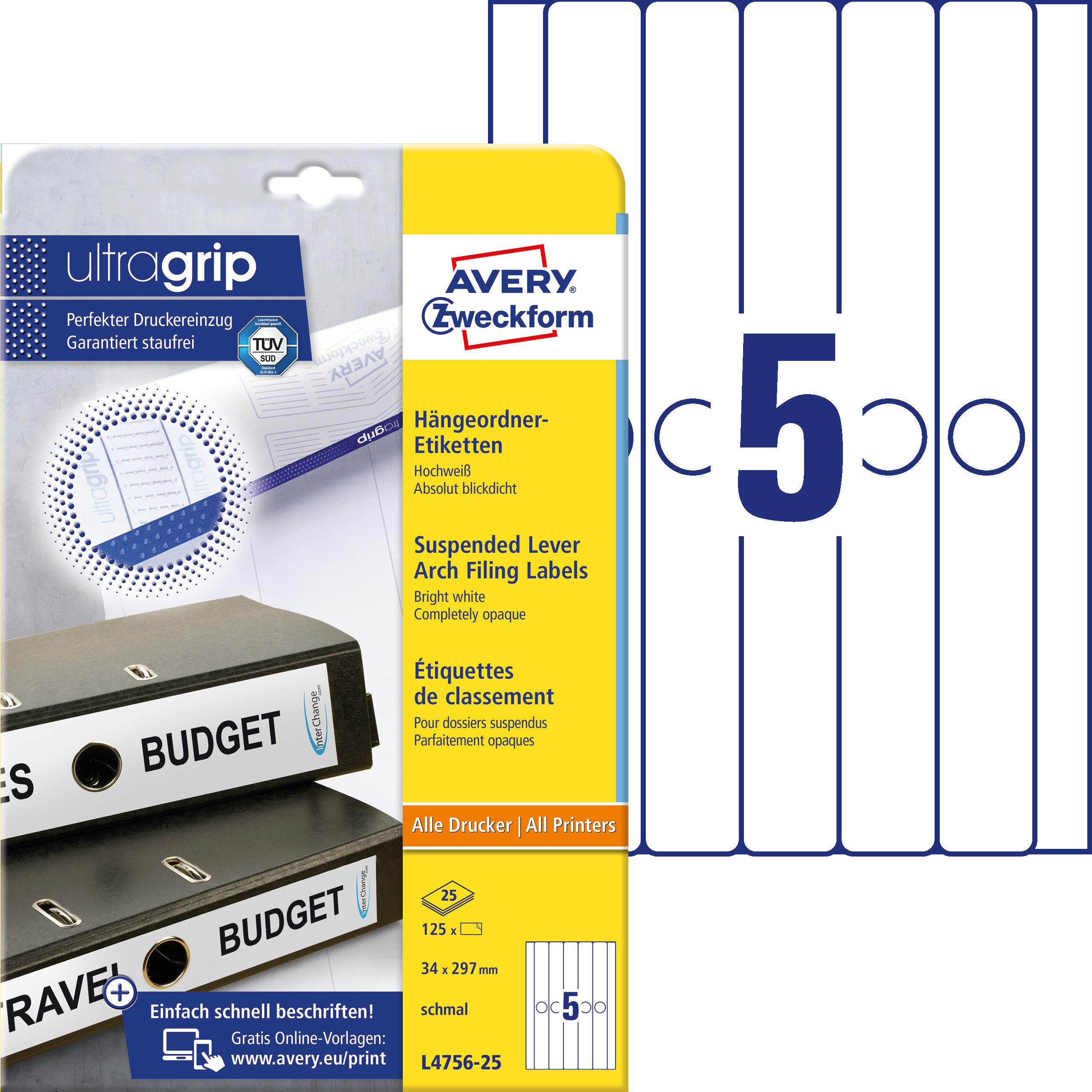 Avery Zweckform L4756-25 Folder Labels Suspension File Labels Long Narrow e.g. Leitz Elba Falken 34 x 297 mm 25 Sheets