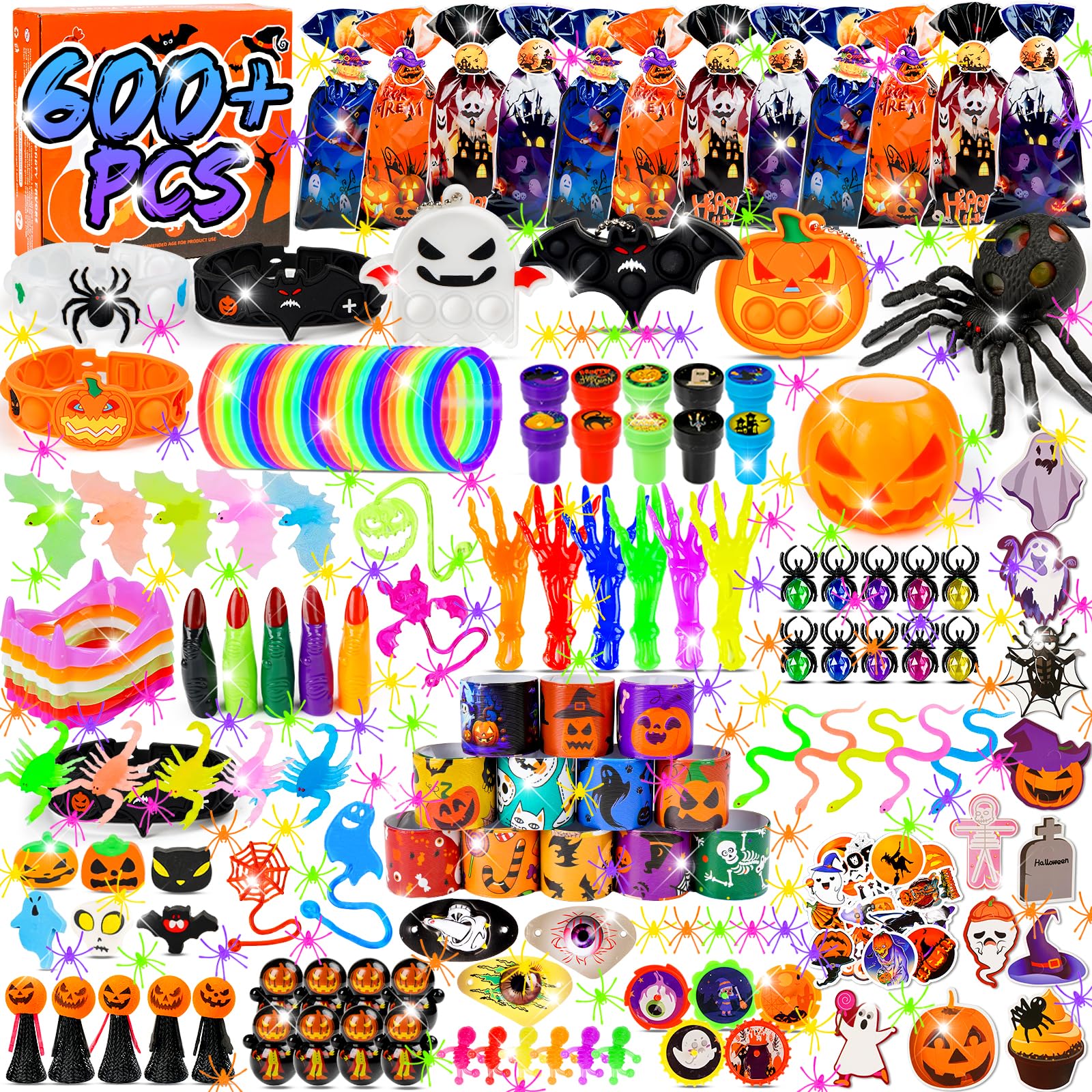 600PCS Halloween Party Favors Bulk Gift For Kid - Goodie Bag Stocking Stuffers With Bags Bulks,Pinata Filler Carnival Gifts Box For School Classroom Prizes Giveaways Supplies(With Box)