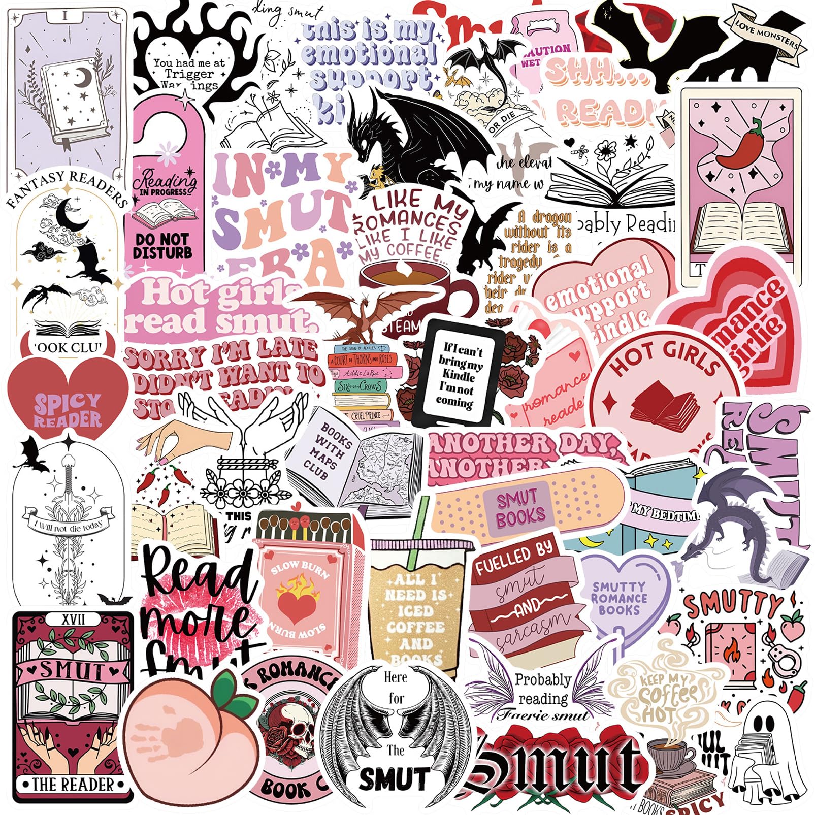 Kindle Stickers - 52pcs Funny Smutty Book Stickers for Reading, Vinyl Waterproof Booktok Aesthetic Decals for Laptop, Computer, Phone, Water Bottle for Teens and Adults (#A)