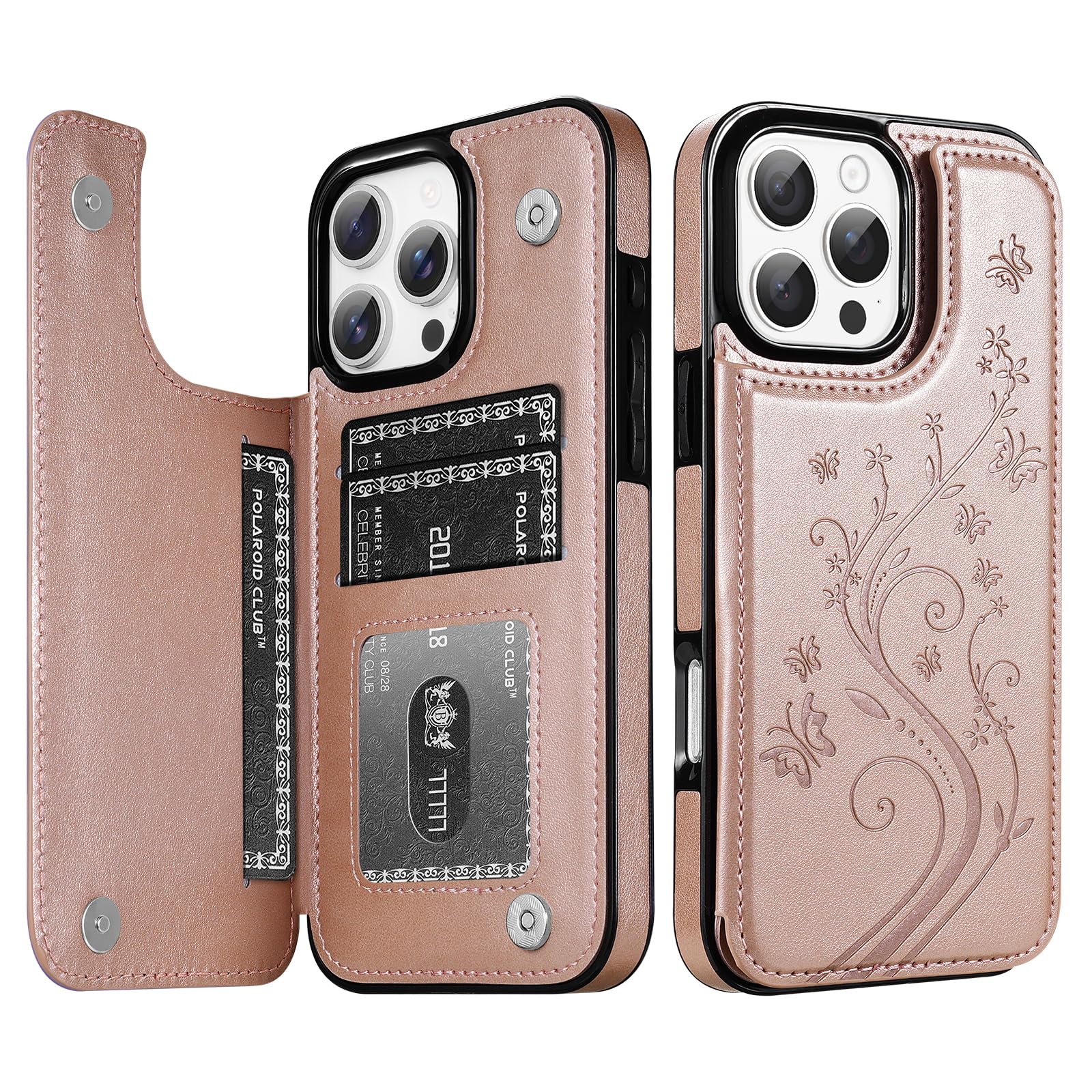 Photo 1 of Korecase Compatible with iPhone 16 Pro Butterfly Leather Series Wallet Case with Card Holder Double Magnetic Clasp Back Flip Protective Cover for iPhone 16 Pro, Rose Gold