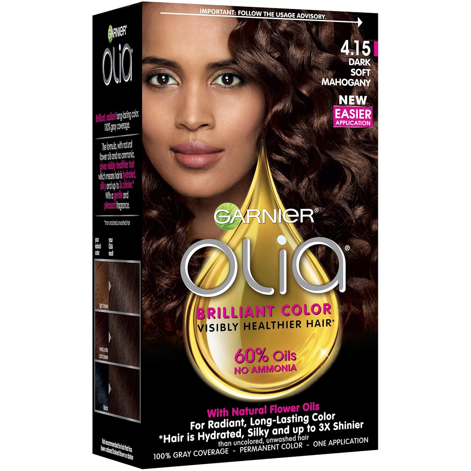 Garnier Olia Ammonia Free Permanent Hair Color, 100 Percent Gray Coverage (Packaging May Vary), 4.15 Dark Soft Mahogany, Brown Hair Dye Pack of 1 : Chemical Hair Dyes : Beauty
