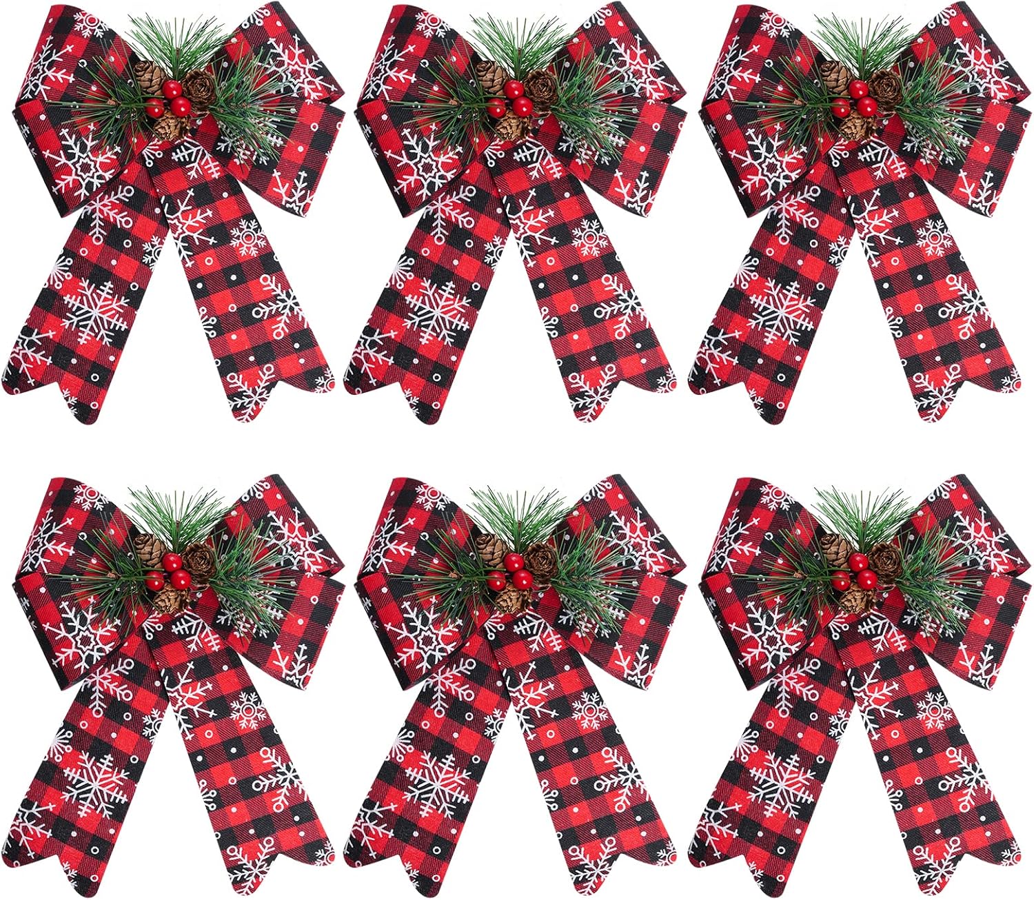 Bows & Ribbons - 6 Pack Christmas Buffalo Plaid Snowflake Bows with Pinecone for Xmas Wreath Garland Christmas Tree Topper Home Party Decorations New Year Gifts